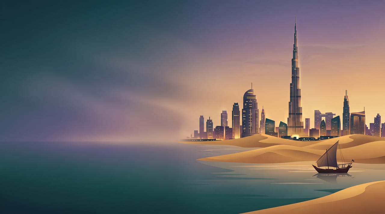 Illustration of the Dubai skyline and Burj Khalifa at dusk above desert dunes, with a wooden dhow on the water